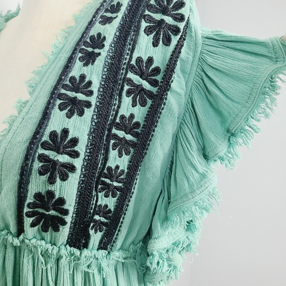 Free People Will Wait For You Boho Embroidered Midi Dress Green Gauze Flowy XS - Picture 4 of 10